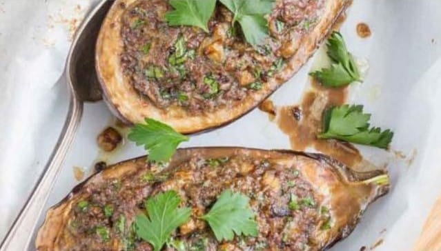 Eggplant stuffed with lamb and lemon confit